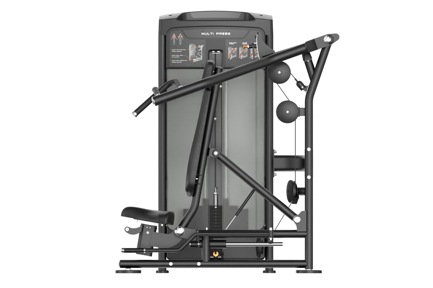 Black multi-press gym machine with dual weight stacks, lever arm, and instruction panel, shown on white background