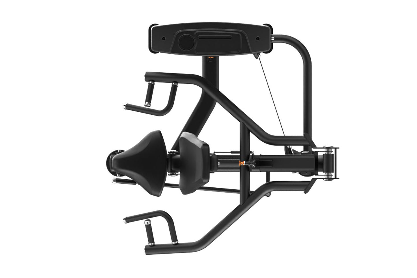 Black commercial multi-press machine with padded seat, leg press platform, and adjustment console on white background