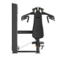 Black commercial chest press machine with dual handles, padded seat, and metal frame on white background