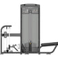 Multi-row cable exercise machine with gray upholstered back pad, black frame, dual pulleys on left side, and extended leg pre