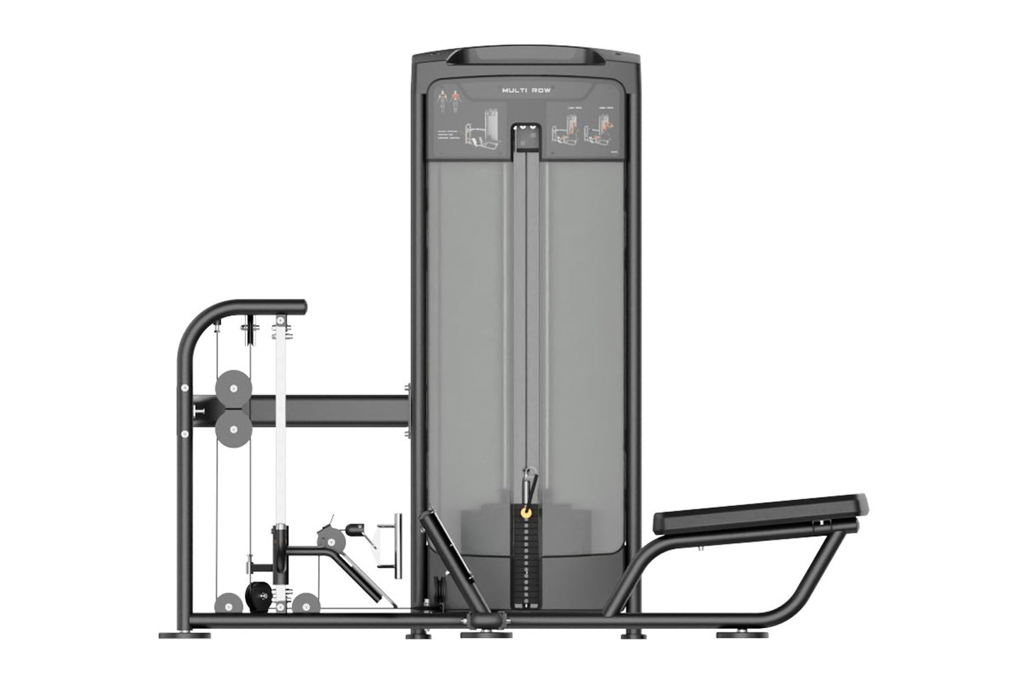 Multi-row cable exercise machine with gray upholstered back pad, black frame, dual pulleys on left side, and extended leg pre