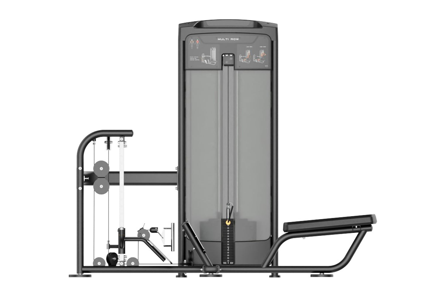 Multi-row cable exercise machine with gray upholstered back pad, black frame, dual pulleys on left side, and extended leg pre