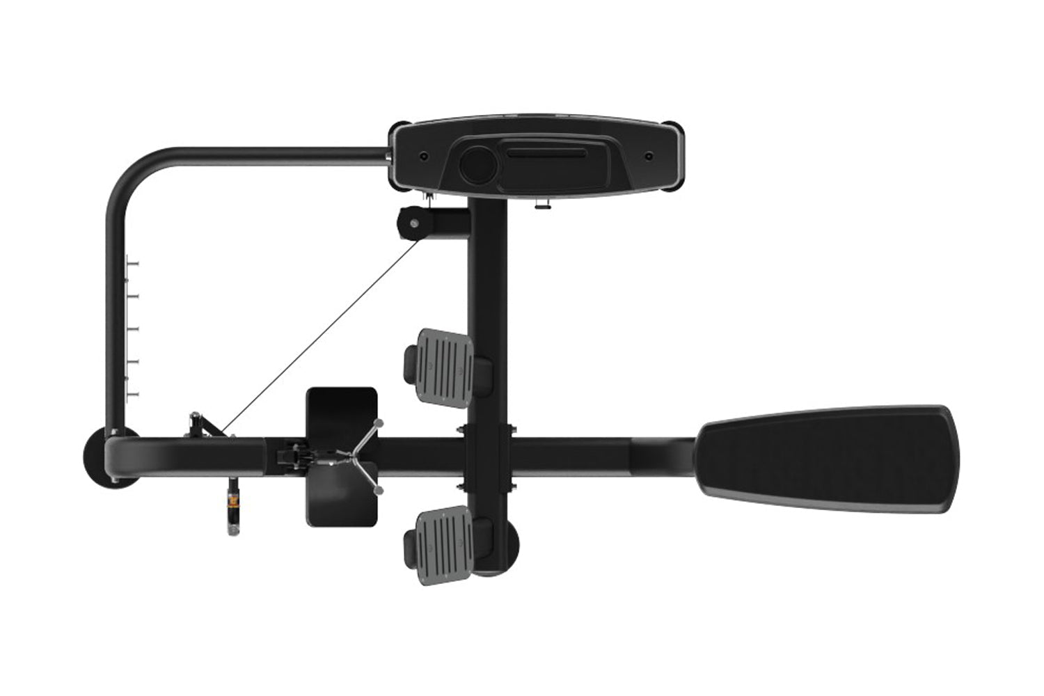 Black multi-pulley row machine with adjustable seat, foot pedals, and handle on white background