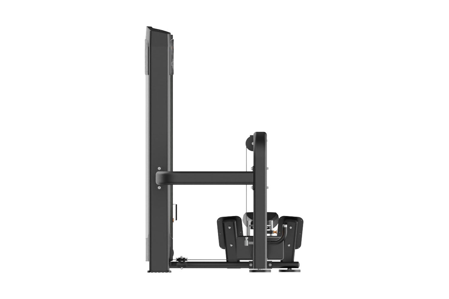 Black commercial multi-pulley row machine with vertical frame, adjustable seat, and handle attachments on white background