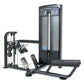 Multi-row leg press machine with black frame, gray padded seat, dual footplates, and instruction panel on white background