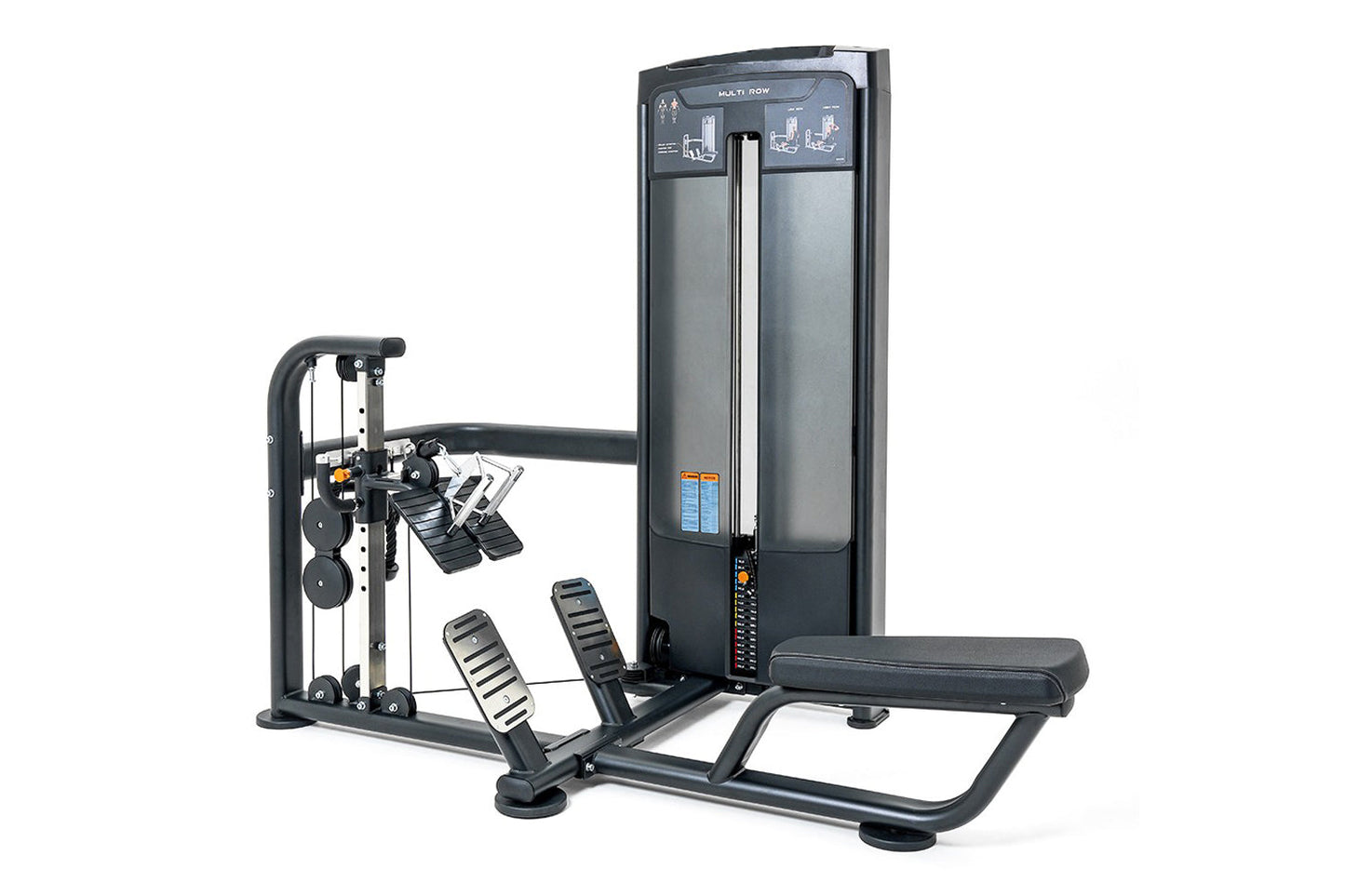 Multi-row leg press machine with black frame, gray padded seat, dual footplates, and instruction panel on white background