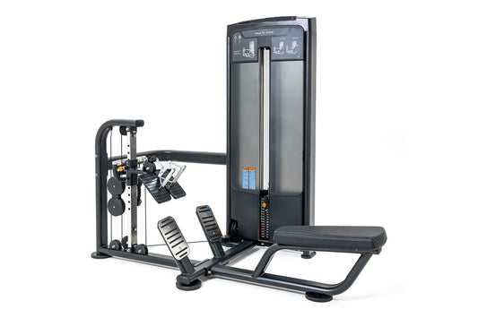 Multi-row leg press machine with black frame, gray padded seat, dual footplates, and instruction panel on white background
