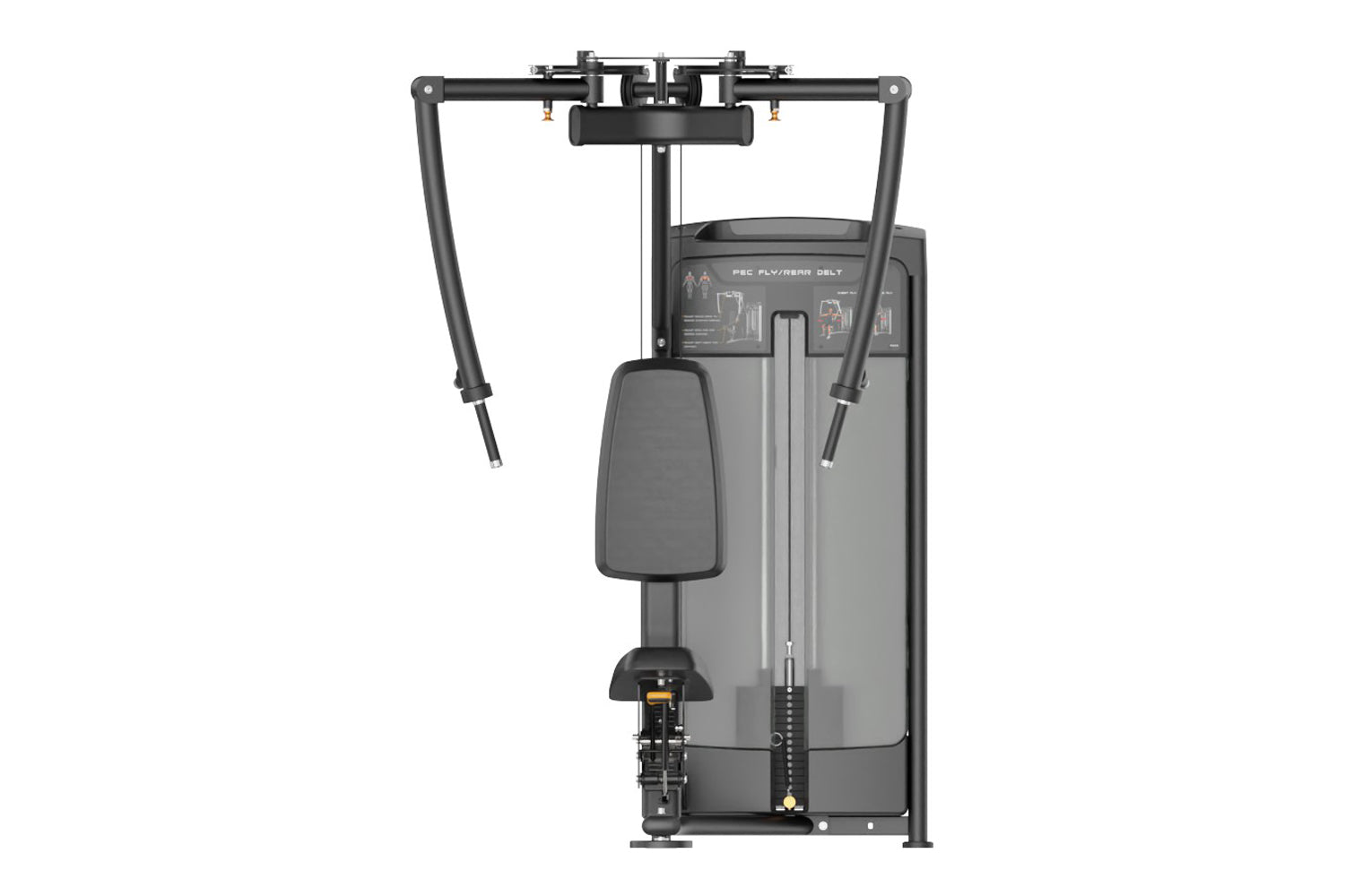 Black and gray commercial pectoral fly and rear deltoid machine with padded seat, dual cable arms, and instruction panel on w