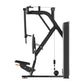 Black cable machine with pectoral fly and rear deltoid attachment, featuring adjustable arms and weight stack on white backgr