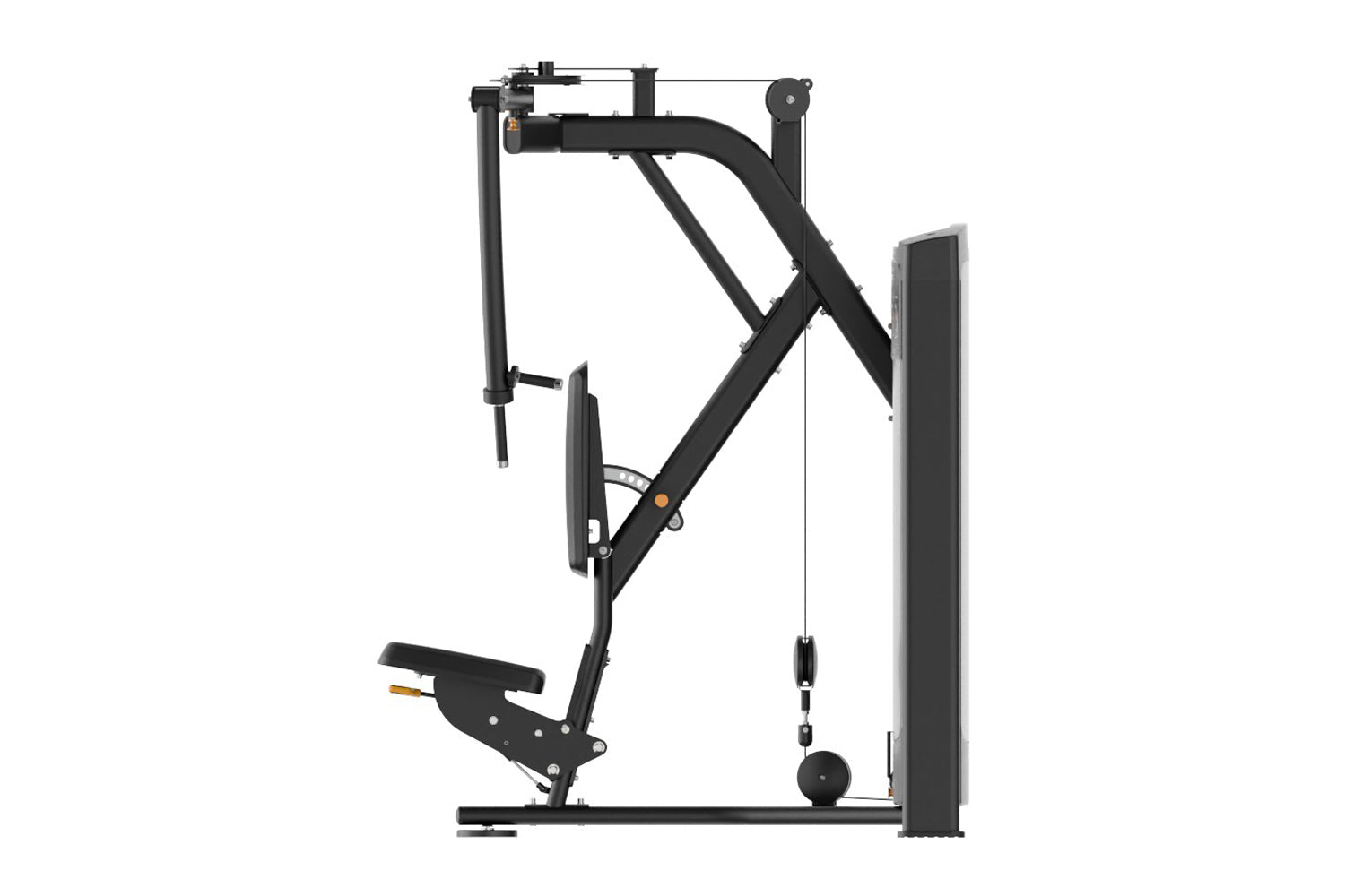 Black cable machine with pectoral fly and rear deltoid attachment, featuring adjustable arms and weight stack on white backgr