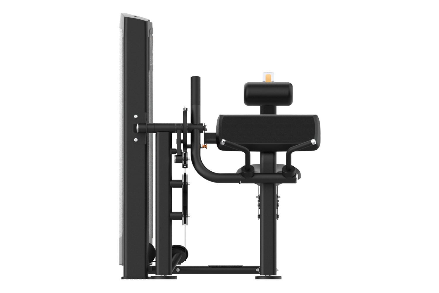 Black commercial seated arm curl and extension machine with padded seat and backrest, on white background