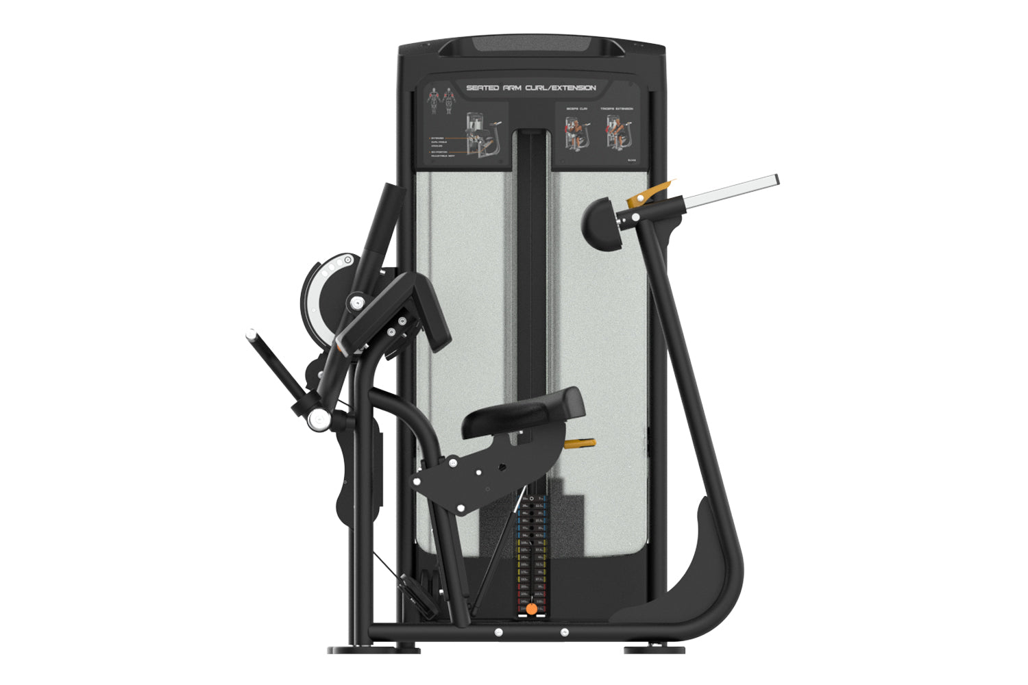Warrior Elite black and silver seated arm curl/extension machine with dual padded seats, adjustment levers, and instruction p