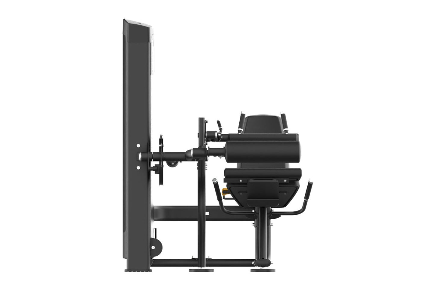 Black commercial seated leg curl machine with padded seat, backrest, and leg extension attachment on white background