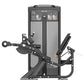 Leg Curl machine in black and gray with instruction placard and adjustable seat and leg extension arms on white background