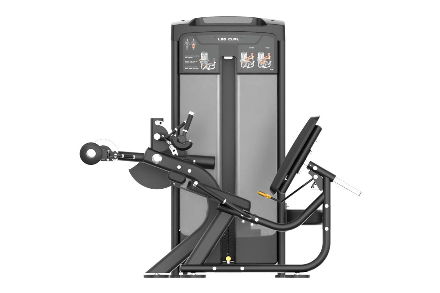 Leg Curl machine in black and gray with instruction placard and adjustable seat and leg extension arms on white background