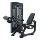 Black leg curl exercise machine with padded seat, weight stack tower, and dual metal handles on white background