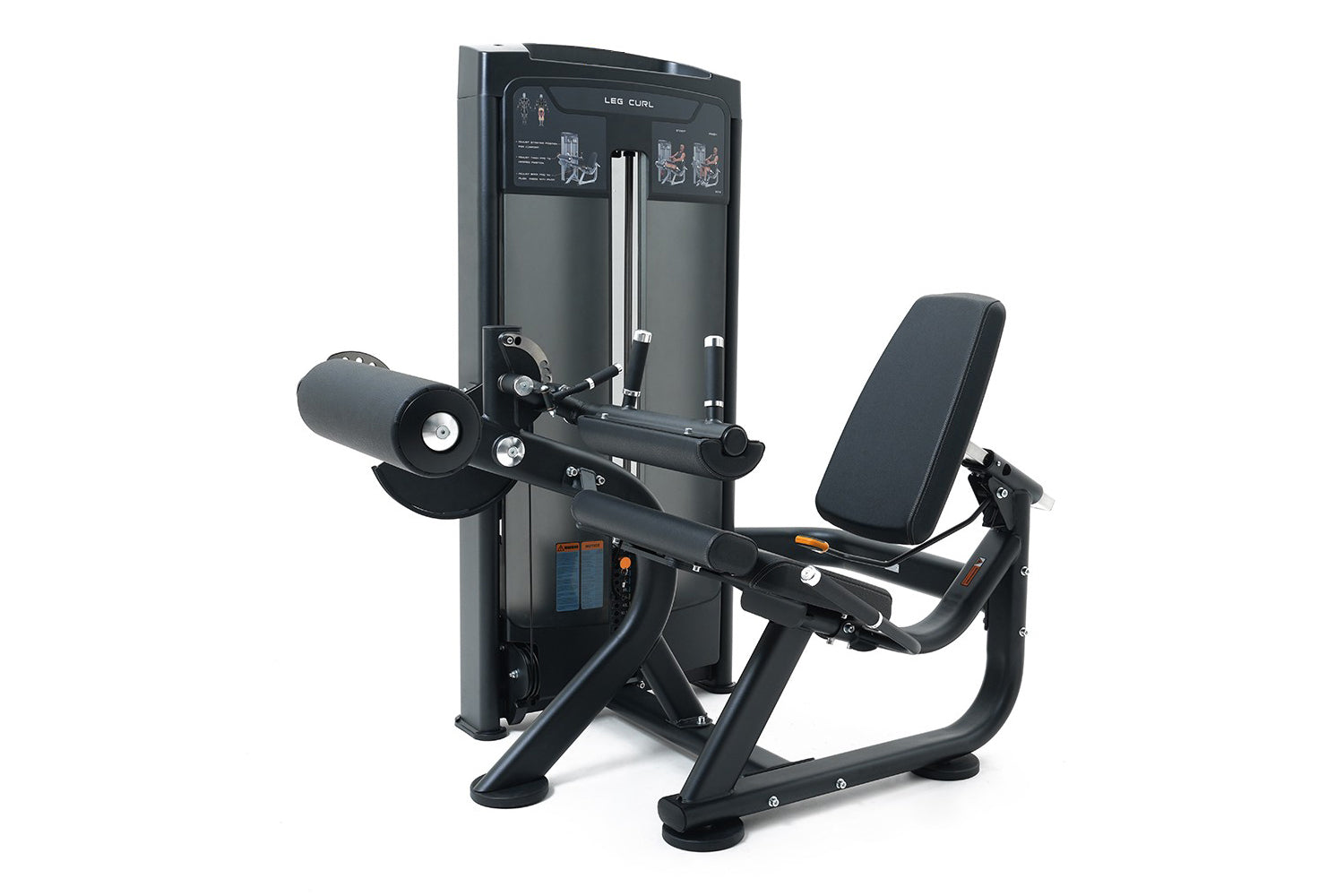 Black leg curl exercise machine with padded seat, weight stack tower, and dual metal handles on white background