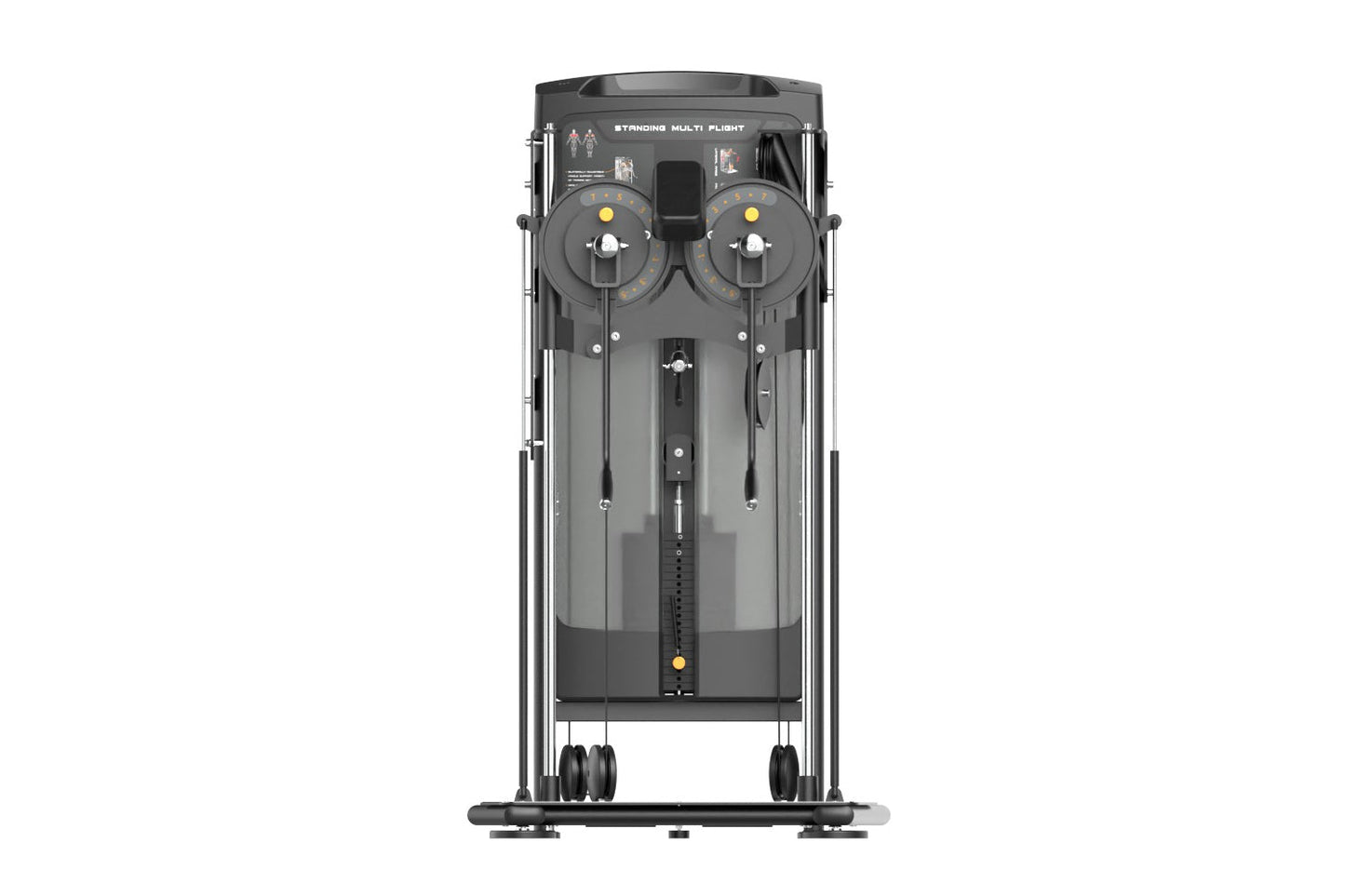 Black and gray standing multi-flight exercise machine with dual control handles and yellow indicator lights, front view on wh
