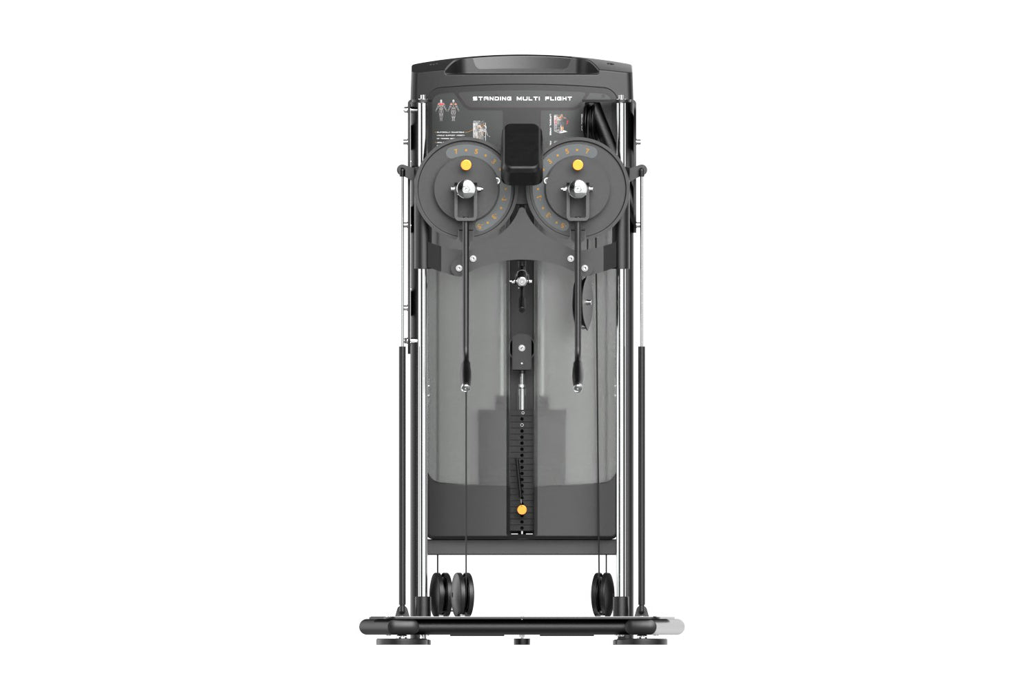 Black and gray standing multi-flight exercise machine with dual control handles and yellow indicator lights, front view on wh