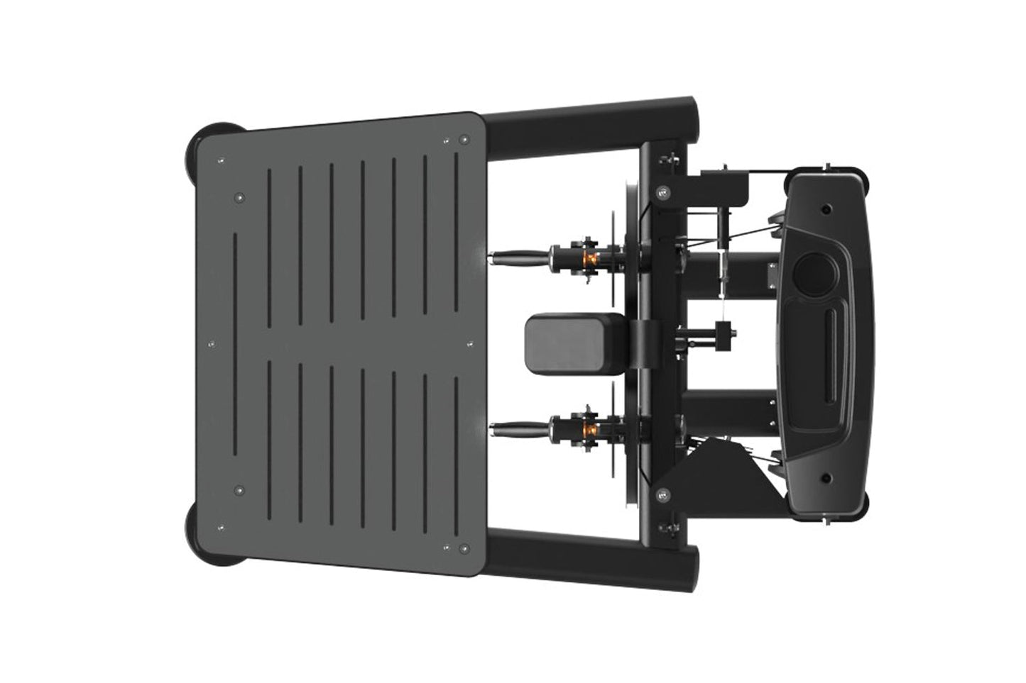 Black commercial 3D printer with gray perforated build plate, dual extruders, and heated bed on white background