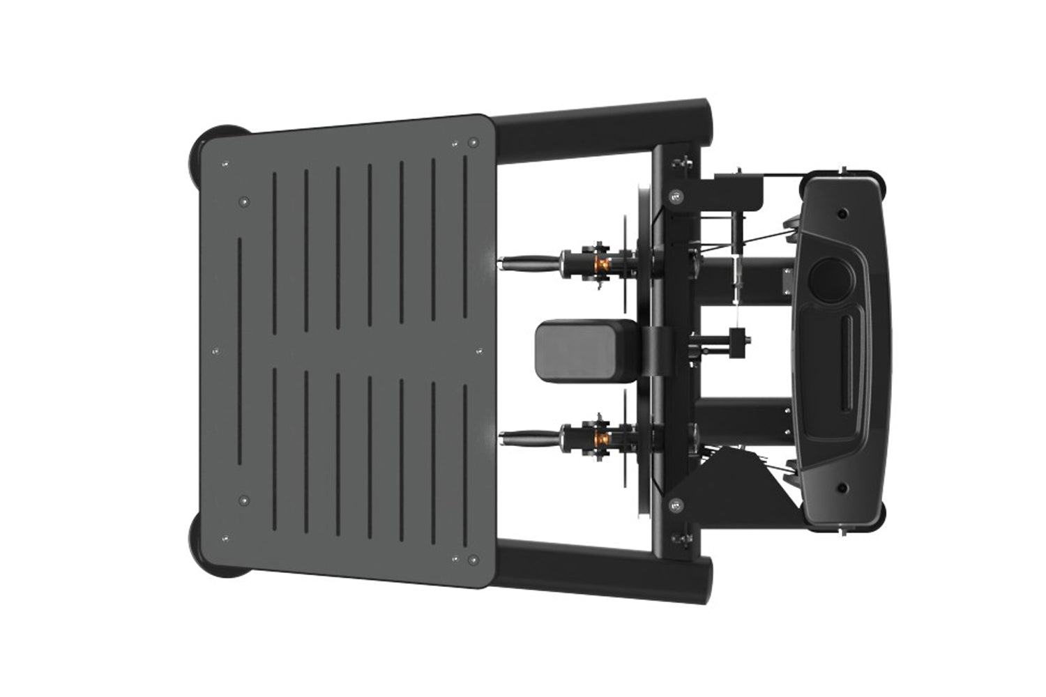 Black commercial 3D printer with gray perforated build plate, dual extruders, and heated bed on white background