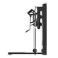 Black commercial standing multi-function cable machine with control panel, adjustable arms, and weighted pulley system on whi