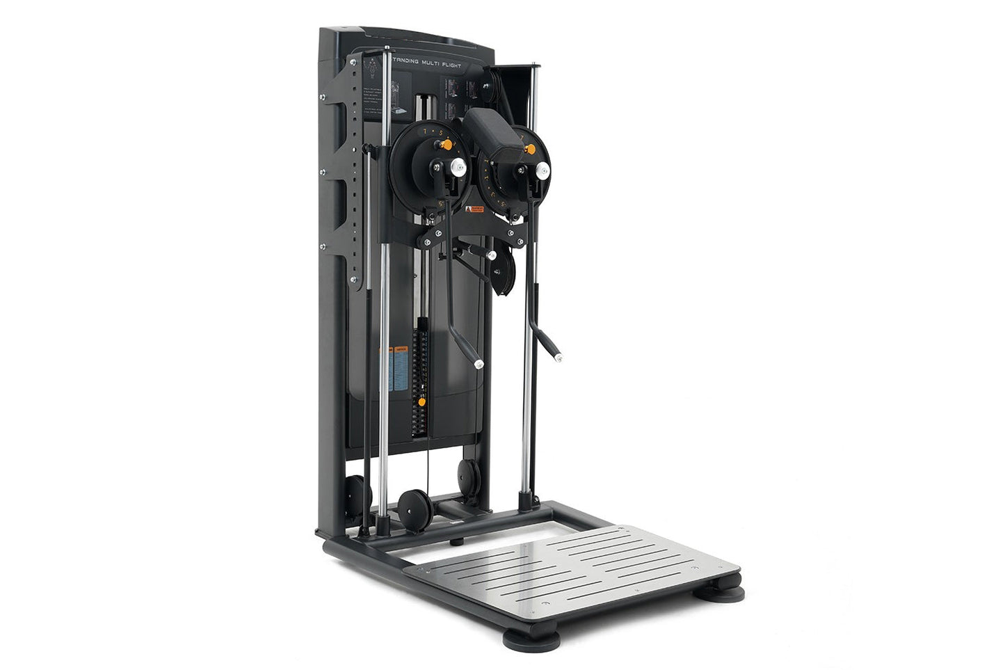 Black and gray commercial standing flight trainer with dual control wheels, digital display, and metal footplate on white bac