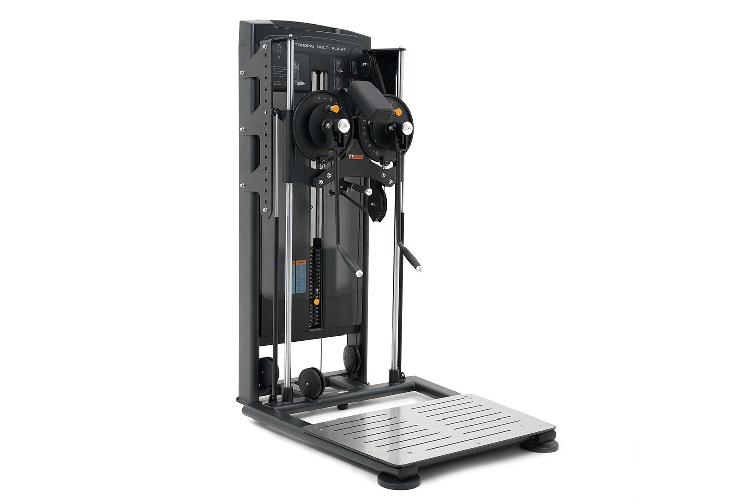 Black and gray commercial standing flight trainer with dual control wheels, digital display, and metal footplate on white bac