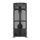 Black and gray commercial standing rear kick machine with dual foot platforms and instruction panel, rear view on white backg