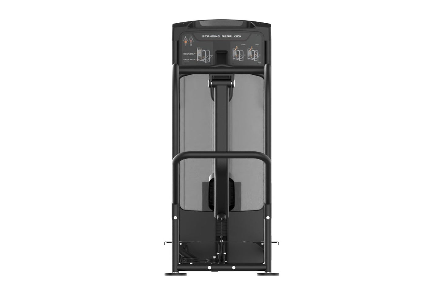 Black and gray commercial standing rear kick machine with dual foot platforms and instruction panel, rear view on white backg