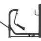 Black commercial leg press machine with curved footplate and vertical support posts on white background