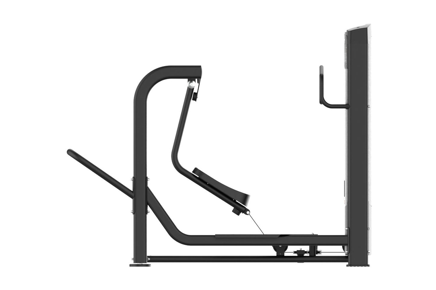 Black commercial leg press machine with curved footplate and vertical support posts on white background