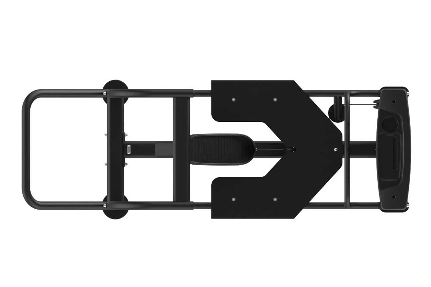 Black commercial standing rear kick machine with metal frame and footplate, viewed from above on white background