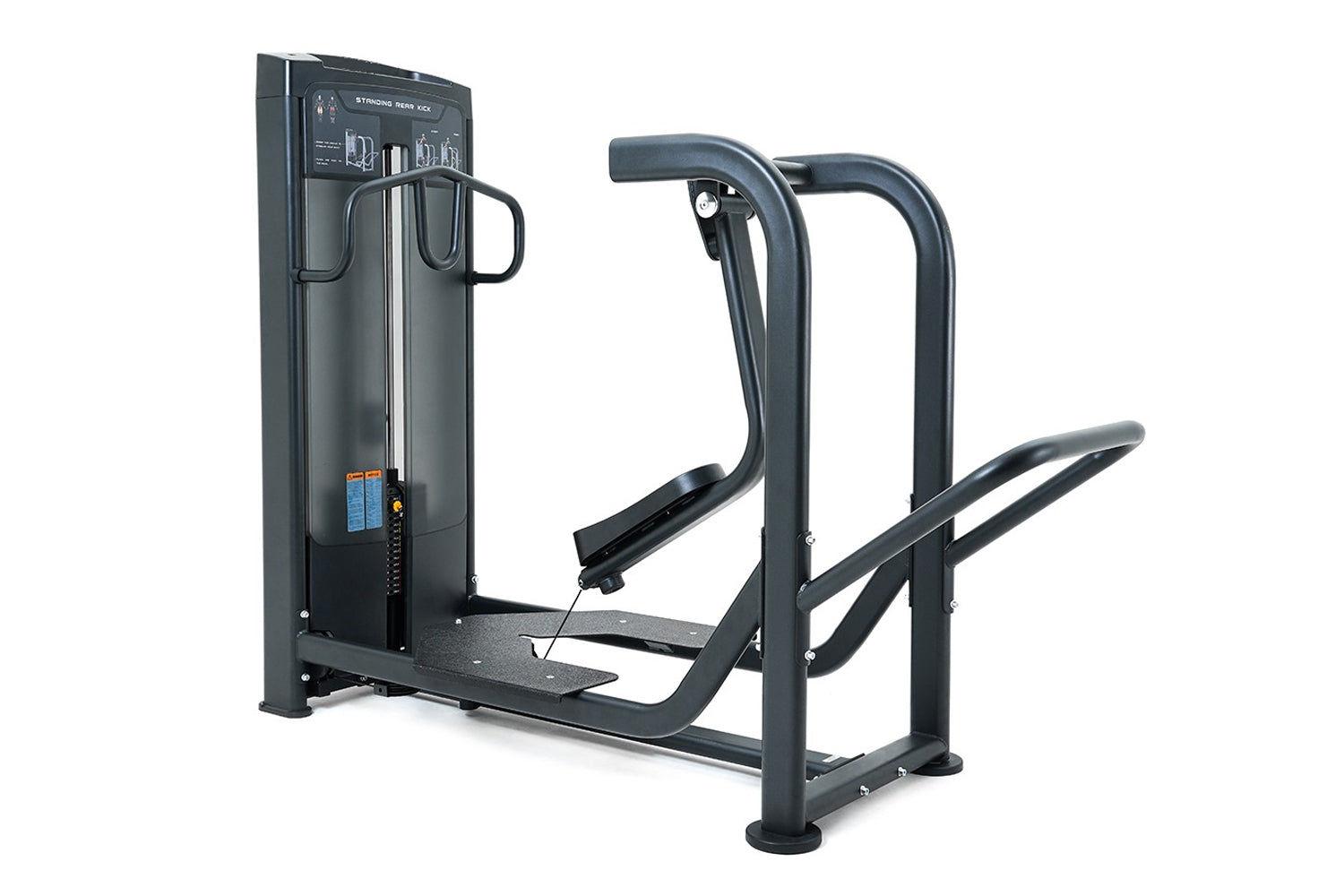 Black commercial standing rear kick machine with padded footplate and curved handles on white background