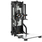 Black and orange commercial standing arm exercise machine with dual handles, weight stack, and metal base platform on white b