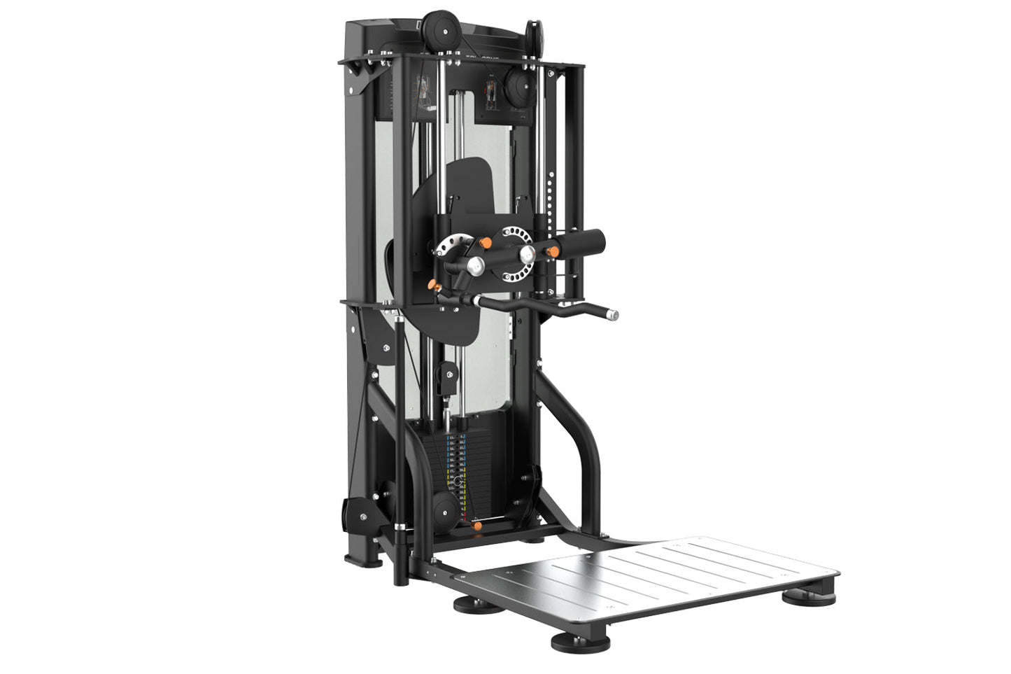 Black and orange commercial standing arm exercise machine with dual handles, weight stack, and metal base platform on white b