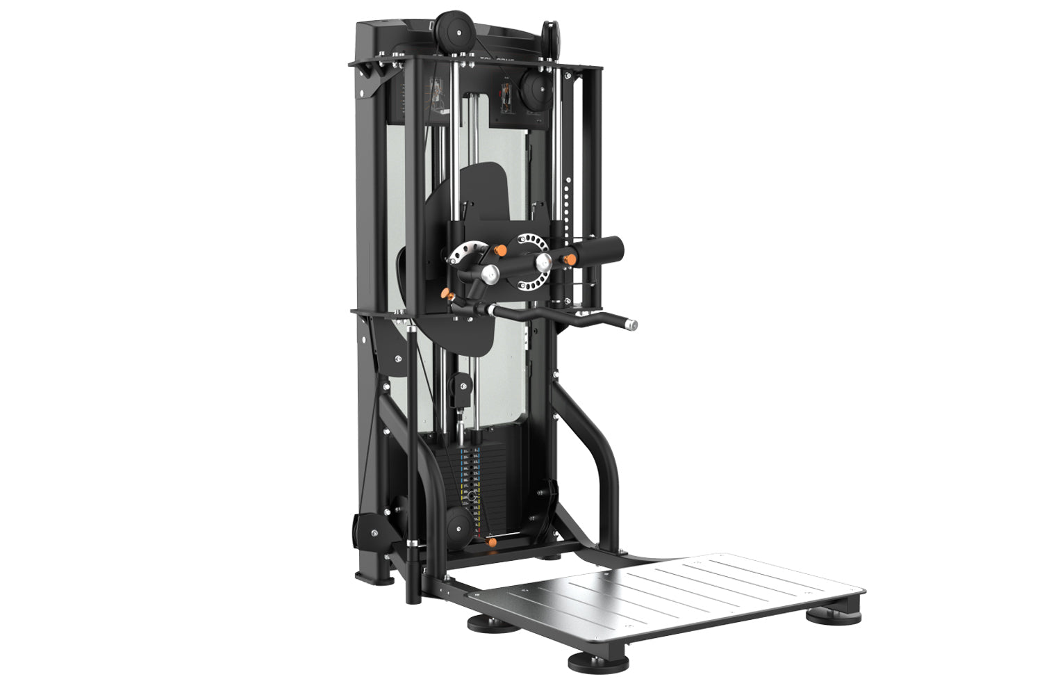 Black and orange commercial standing arm exercise machine with dual handles, weight stack, and metal base platform on white b