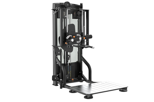 Black and orange commercial standing arm exercise machine with dual handles, weight stack, and metal base platform on white b
