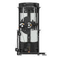 Black and white 3D printer with dual extrusion heads, metal frame, and control panel on white background