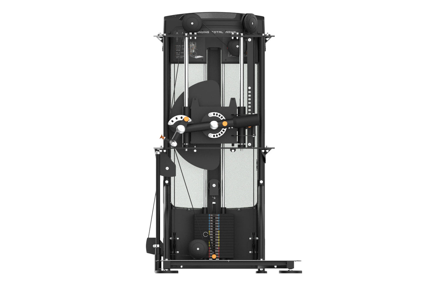Black and white 3D printer with dual extrusion heads, metal frame, and control panel on white background