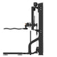Black vertical cable machine with dual adjustable arms and footplate, commercial gym equipment on white background