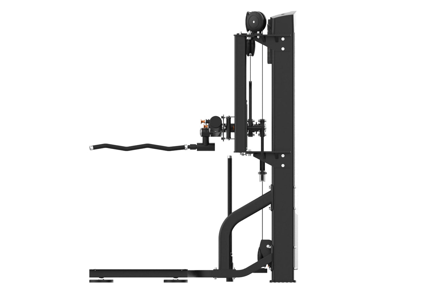 Black vertical cable machine with dual adjustable arms and footplate, commercial gym equipment on white background