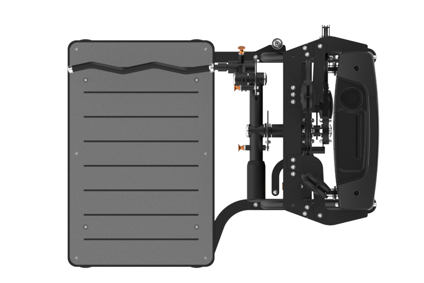 Black and gray commercial standing cable machine with dual arm stations and adjustable weight stack on white background