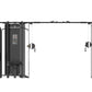 Black commercial multi-station gym with cable machines, weight stack, and overhead pull-down attachments on white background