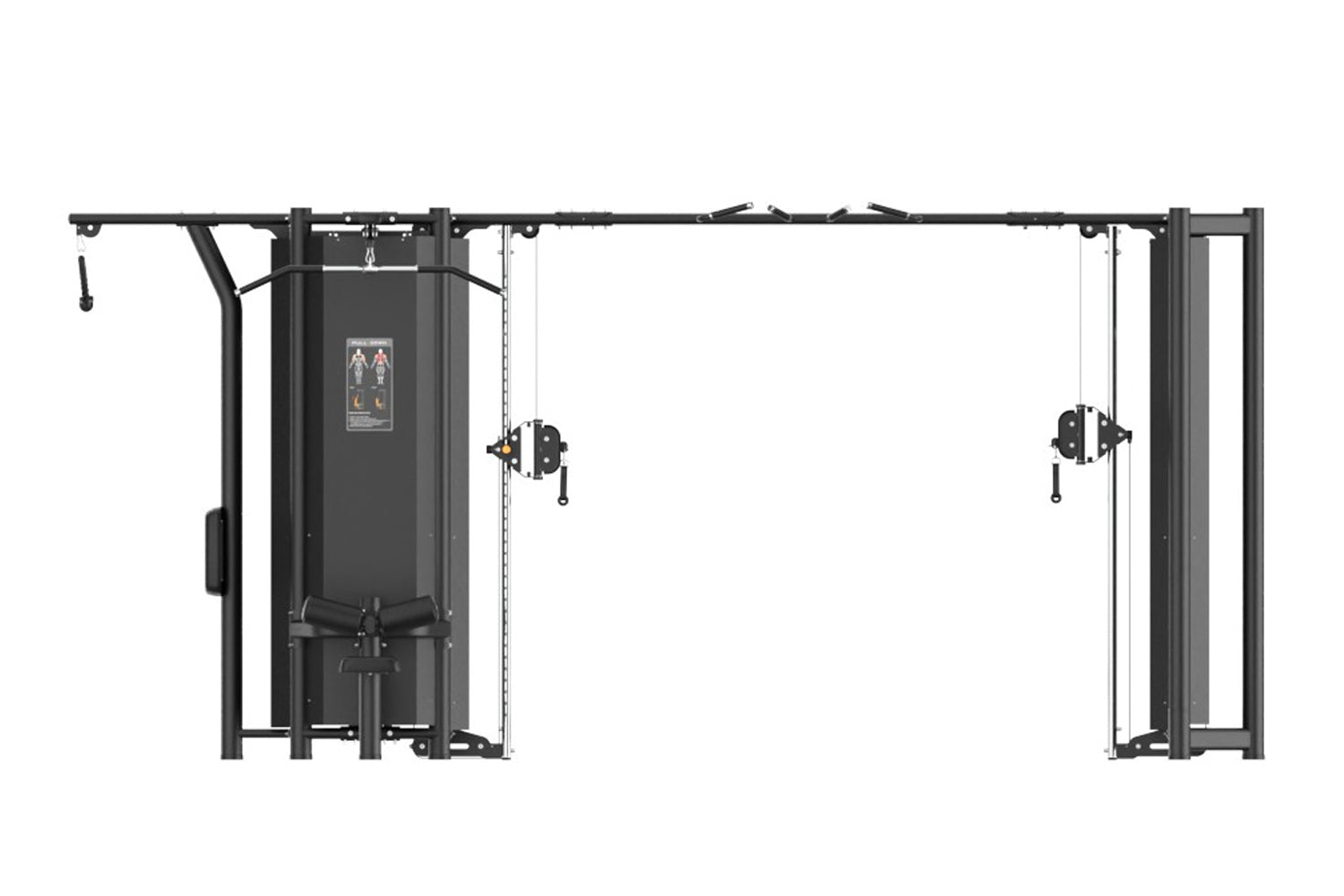 Black commercial multi-station gym with cable machines, weight stack, and overhead pull-down attachments on white background