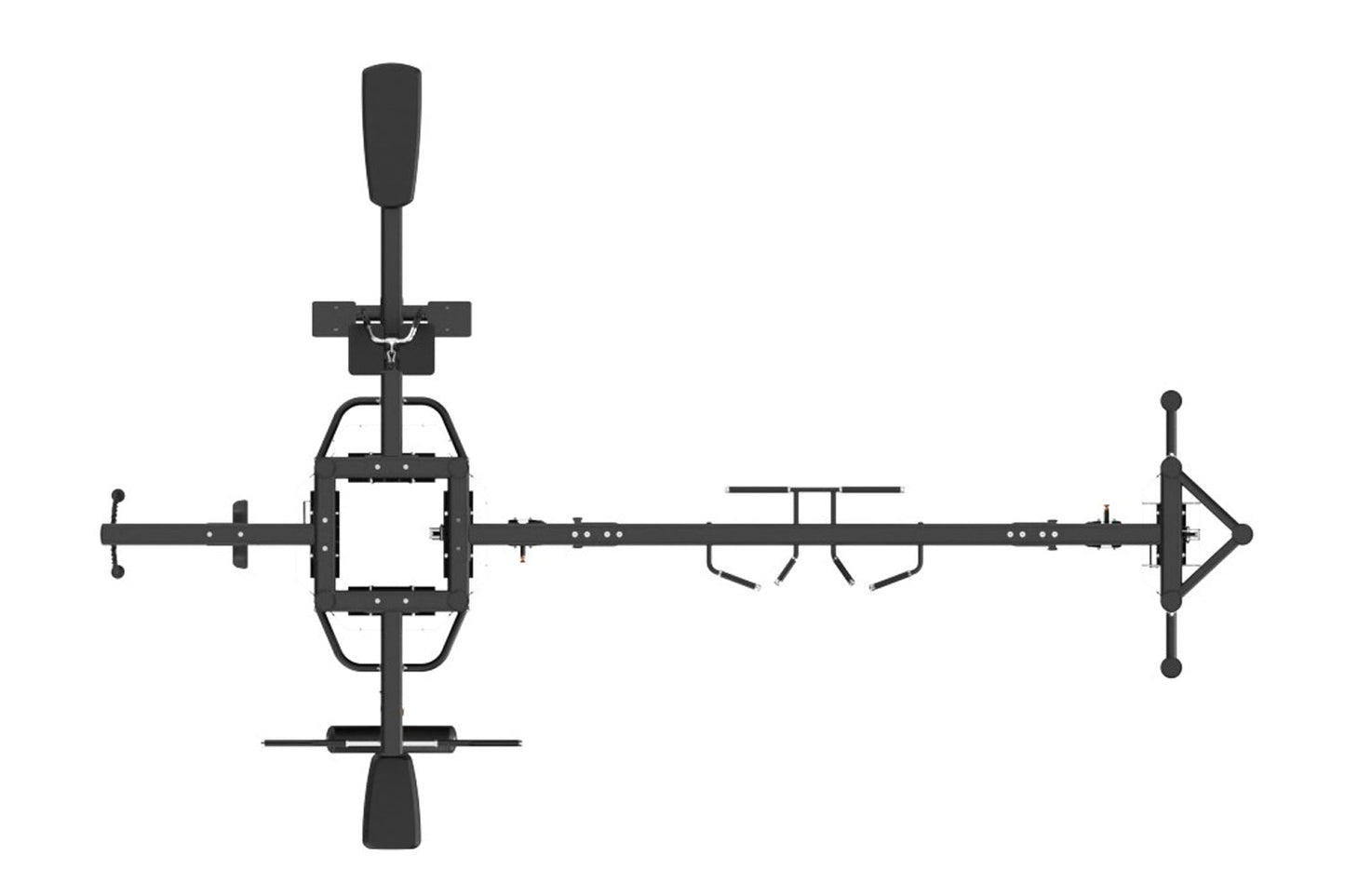Black multi-station gym equipment with five weight stacks, overhead press arm, leg press platform, and auxiliary handles show