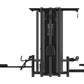 Black multi-station gym equipment with cable machine, leg press, and weight stacks on white background