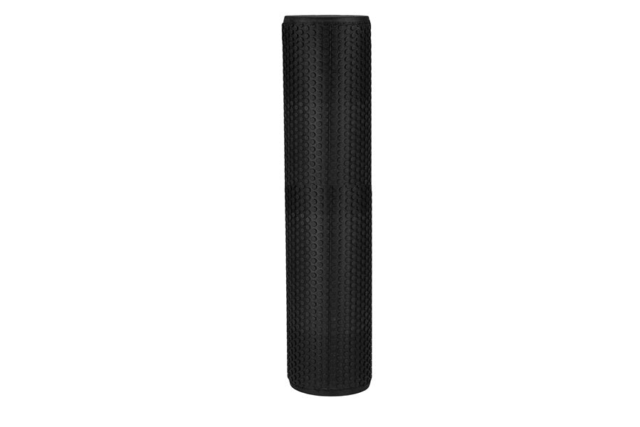 Black cylindrical foam roller with textured dimpled surface on white background