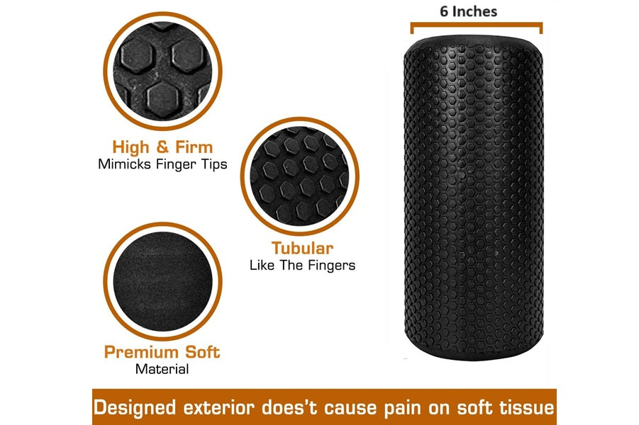 Black foam roller, 6 inches, with textured bubble surface and three detail callouts showing high-firm grip, tubular design, a