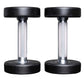 Pair of black urethane dumbbells with chrome textured handles and round bases on white background